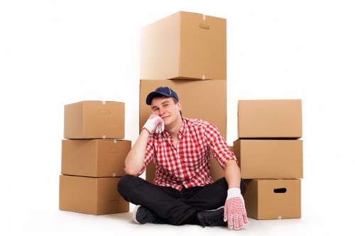 Boxes and household items organised for transport by a removal van